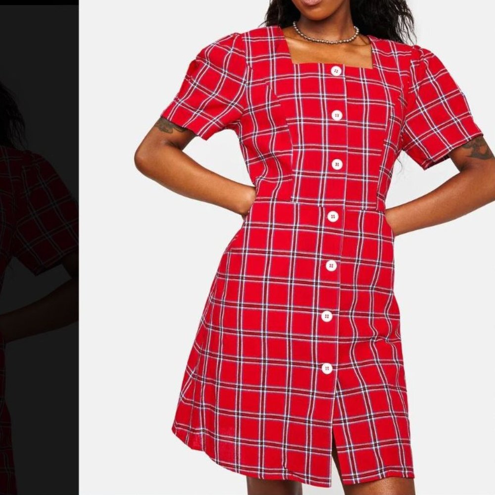 NWT Square Neckline Red Retro Vintage Plaid 100%cotton Mini Dress.